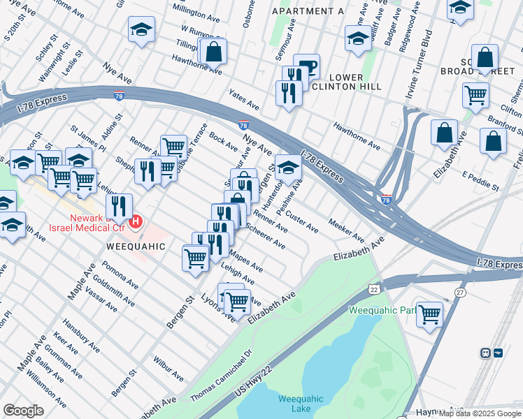 map of restaurants, bars, coffee shops, grocery stores, and more near in Newark
