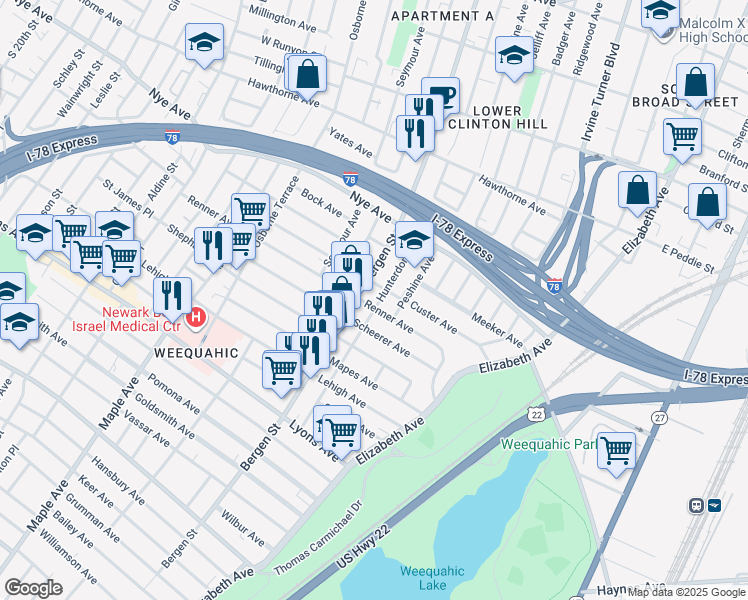 map of restaurants, bars, coffee shops, grocery stores, and more near in Newark