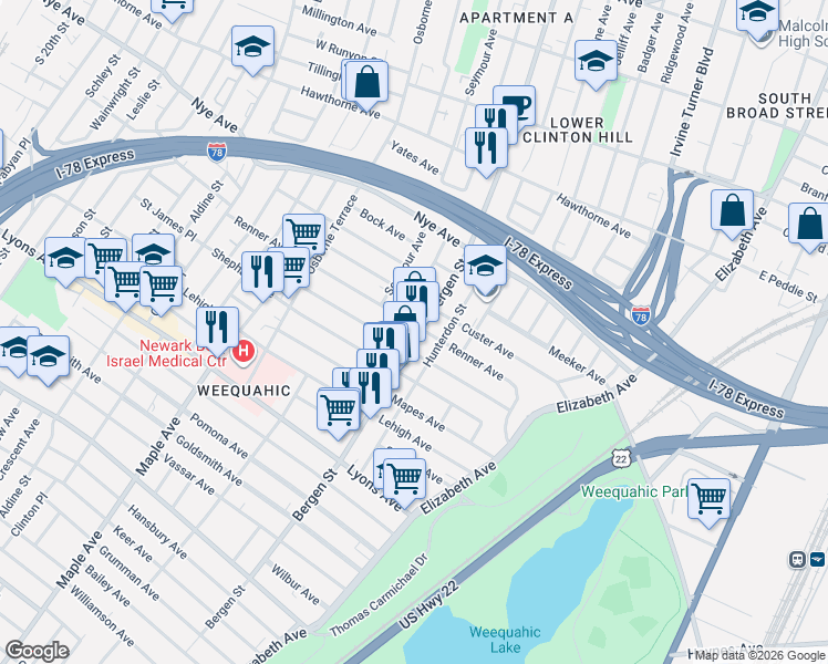 map of restaurants, bars, coffee shops, grocery stores, and more near 166 Renner Avenue in Newark