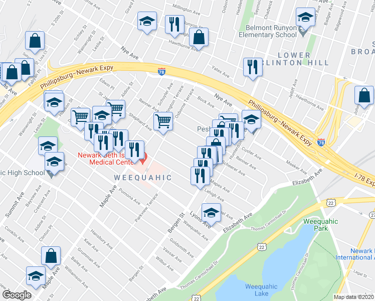 map of restaurants, bars, coffee shops, grocery stores, and more near 151 Scheerer Avenue in Newark