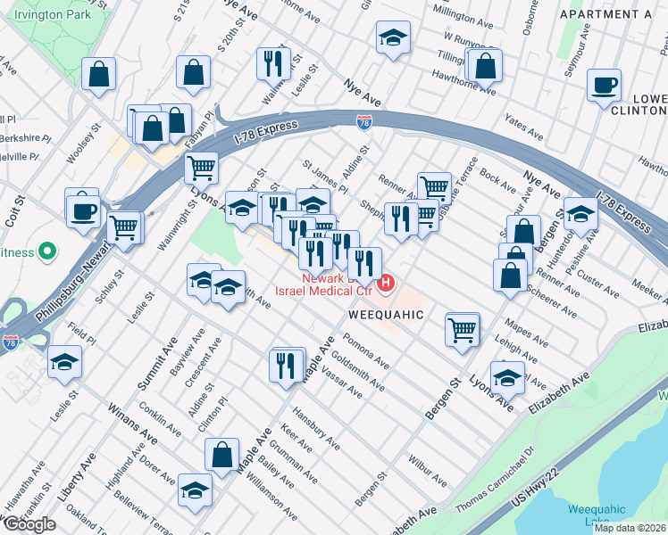 map of restaurants, bars, coffee shops, grocery stores, and more near 14 Irving Avenue in Newark