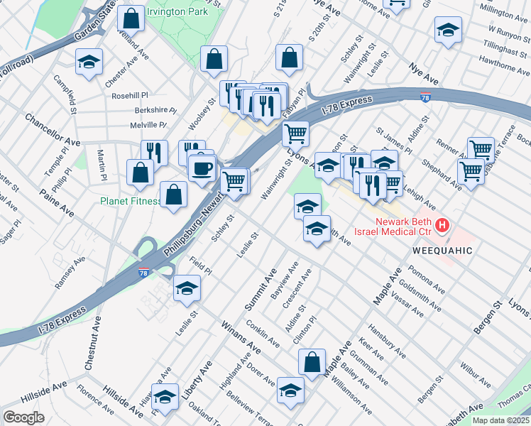 map of restaurants, bars, coffee shops, grocery stores, and more near 375 Leslie Street in Newark