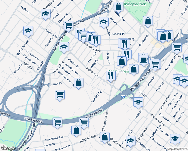map of restaurants, bars, coffee shops, grocery stores, and more near 73-75 Bedford Terrace in Irvington