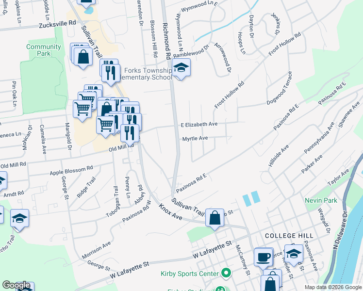 map of restaurants, bars, coffee shops, grocery stores, and more near 1416 State Route 2021 in Easton