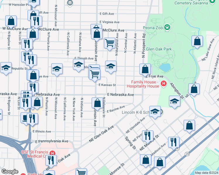 map of restaurants, bars, coffee shops, grocery stores, and more near 825 East Kansas Street in Peoria