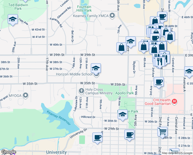 map of restaurants, bars, coffee shops, grocery stores, and more near 915 West 35th Street in Kearney
