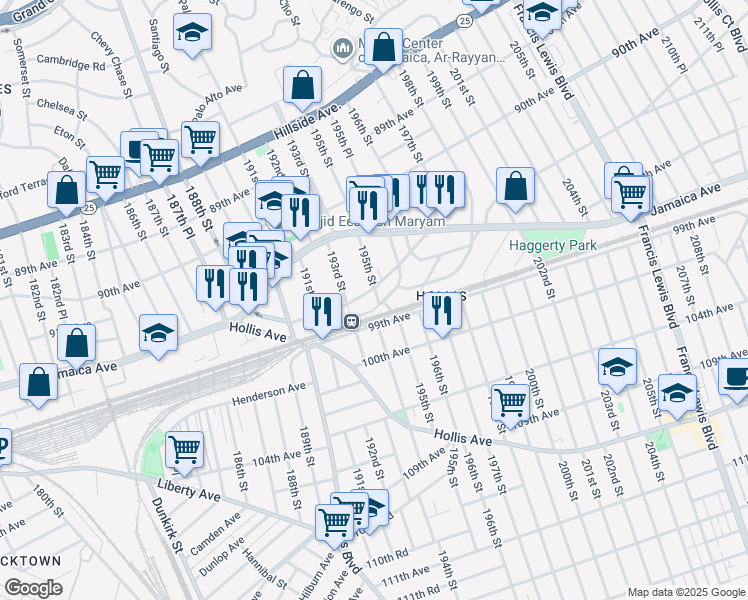 map of restaurants, bars, coffee shops, grocery stores, and more near 193-30 Woodhull Avenue in Queens