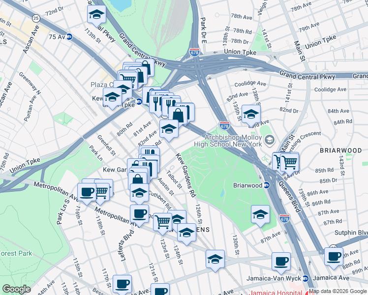 map of restaurants, bars, coffee shops, grocery stores, and more near 123-30 83rd Avenue in Queens