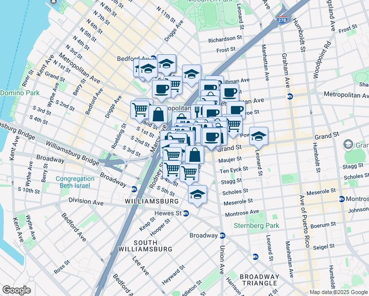 map of restaurants, bars, coffee shops, grocery stores, and more near 416 Keap Street in Brooklyn
