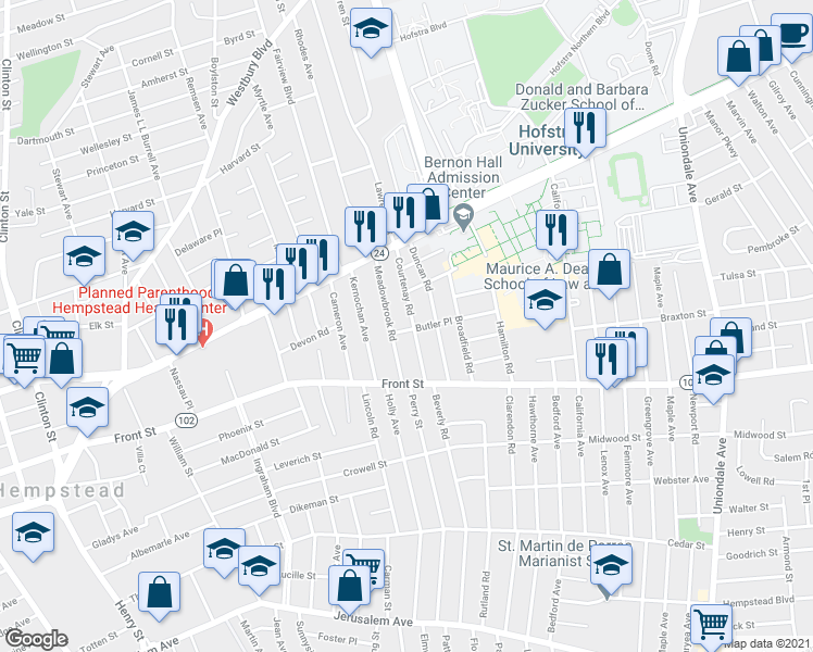 map of restaurants, bars, coffee shops, grocery stores, and more near 15 Butler Place in Hempstead