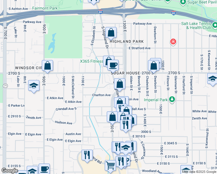 map of restaurants, bars, coffee shops, grocery stores, and more near 1152 East 2700 South in Salt Lake City