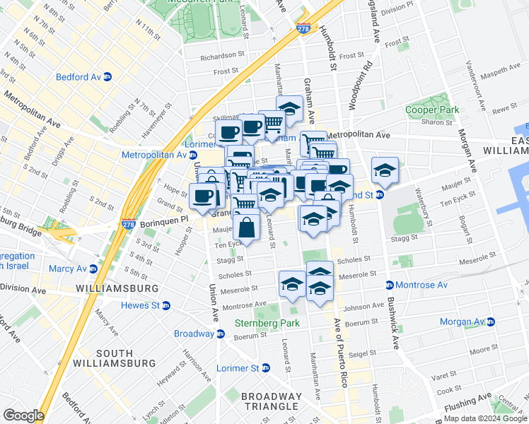 map of restaurants, bars, coffee shops, grocery stores, and more near 618 Grand Street in Brooklyn