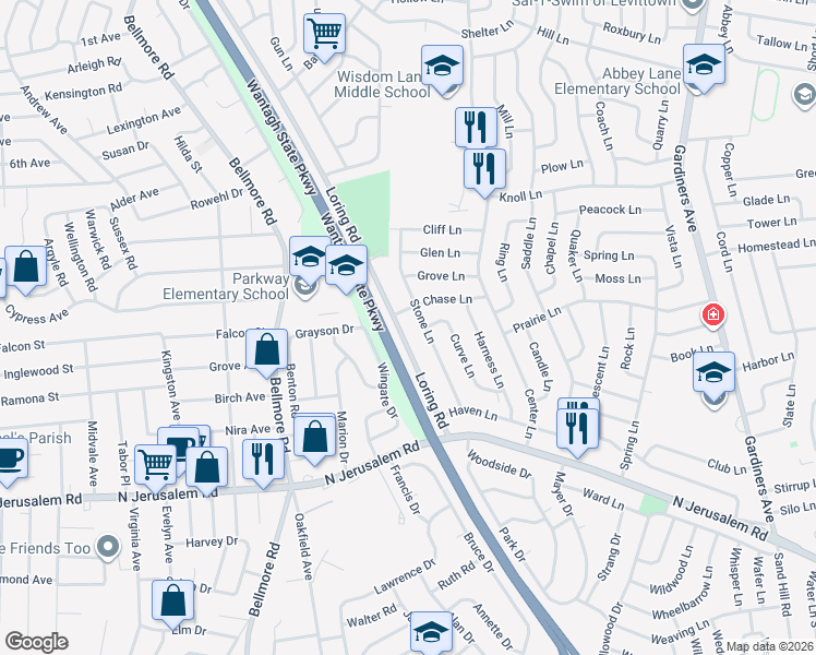 map of restaurants, bars, coffee shops, grocery stores, and more near 46 Stone Lane in Levittown
