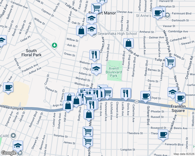 map of restaurants, bars, coffee shops, grocery stores, and more near 144 Covert Avenue in Elmont