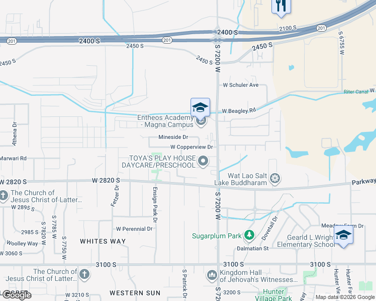 map of restaurants, bars, coffee shops, grocery stores, and more near 7280 Copperview Drive in Magna