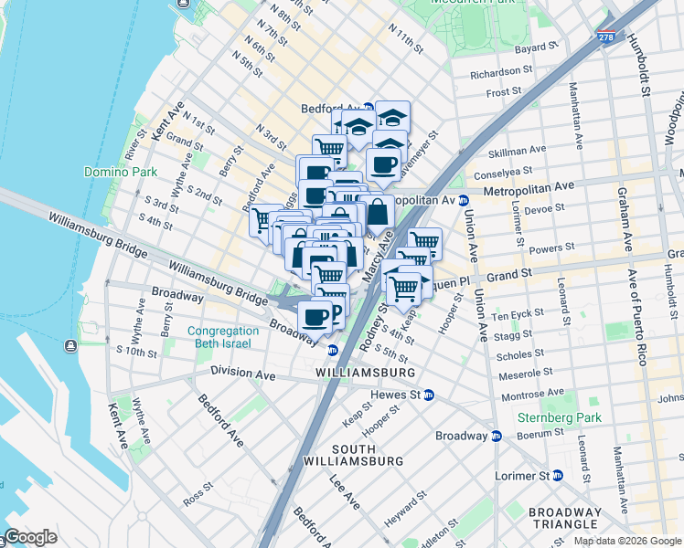 map of restaurants, bars, coffee shops, grocery stores, and more near 153 Havemeyer Street in Brooklyn