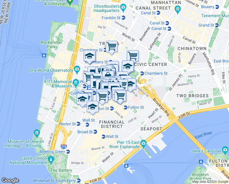 map of restaurants, bars, coffee shops, grocery stores, and more near 225 Broadway in New York