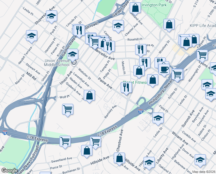 map of restaurants, bars, coffee shops, grocery stores, and more near 73-75 Bedford Terrace in Irvington