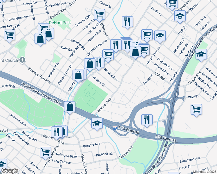 map of restaurants, bars, coffee shops, grocery stores, and more near 1933 William Street in Union
