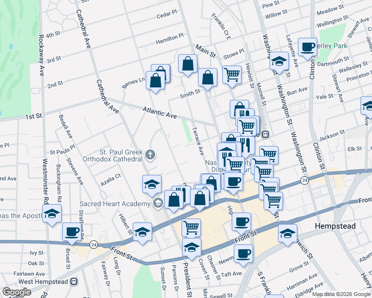 map of restaurants, bars, coffee shops, grocery stores, and more near 10 Bedell Street in Hempstead
