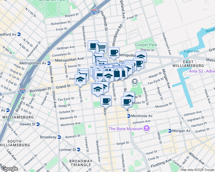 map of restaurants, bars, coffee shops, grocery stores, and more near 183 Maujer Street in Brooklyn