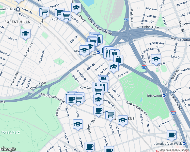 map of restaurants, bars, coffee shops, grocery stores, and more near 81-09 Austin Street in Queens