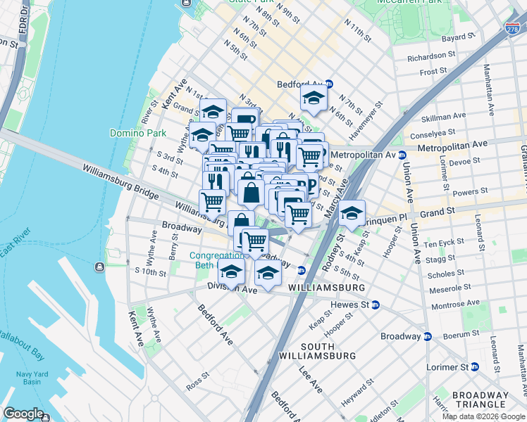 map of restaurants, bars, coffee shops, grocery stores, and more near 186 South 3rd Street in Brooklyn