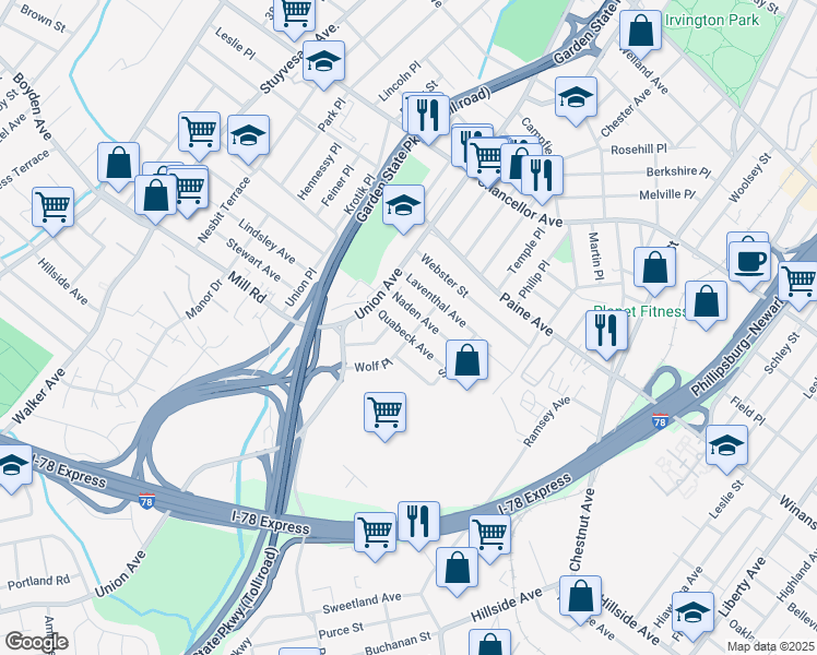 map of restaurants, bars, coffee shops, grocery stores, and more near 74 Quabeck Avenue in Irvington