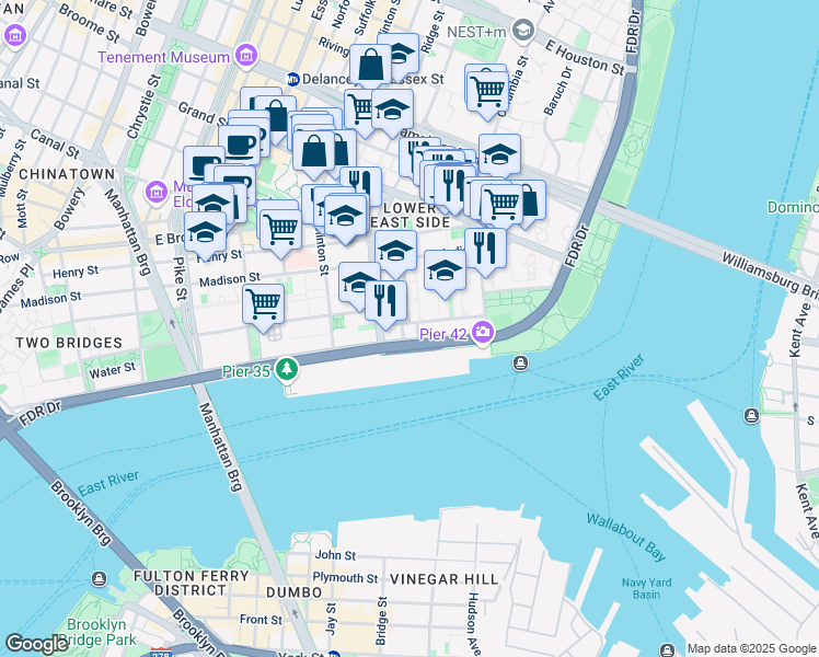 map of restaurants, bars, coffee shops, grocery stores, and more near 621 Water Street in New York