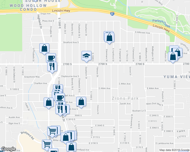 map of restaurants, bars, coffee shops, grocery stores, and more near 2762 Filmore Street in Salt Lake City