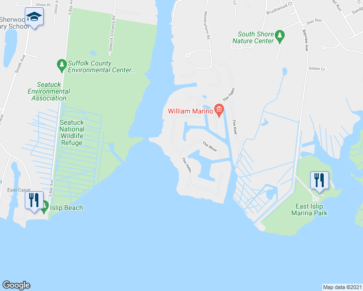 map of restaurants, bars, coffee shops, grocery stores, and more near 3 The Moor in East Islip