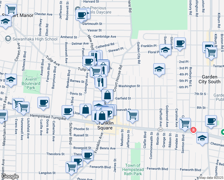map of restaurants, bars, coffee shops, grocery stores, and more near 169 Court House Road in Franklin Square