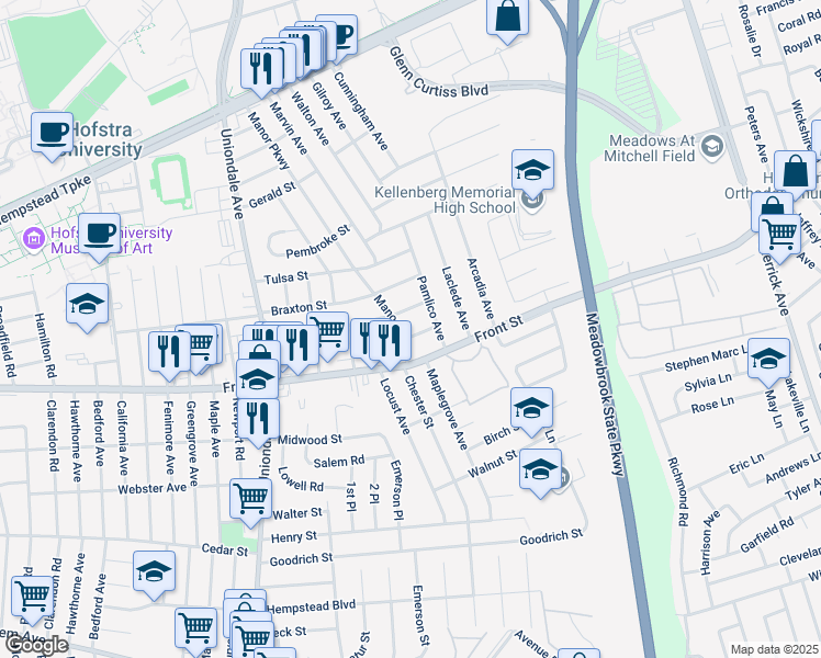 map of restaurants, bars, coffee shops, grocery stores, and more near 1182 Midland Street in Uniondale