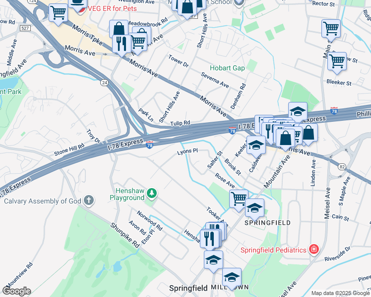 map of restaurants, bars, coffee shops, grocery stores, and more near 68 Lyons Place in Springfield