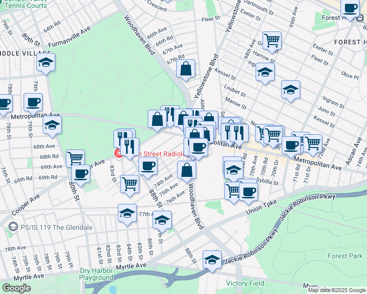 map of restaurants, bars, coffee shops, grocery stores, and more near 7210 Woodhaven Boulevard in Queens