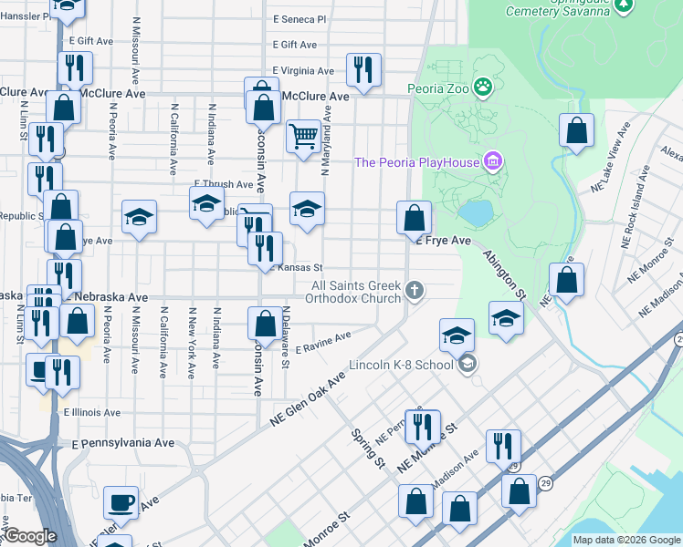 map of restaurants, bars, coffee shops, grocery stores, and more near 1101 East Kansas Street in Peoria