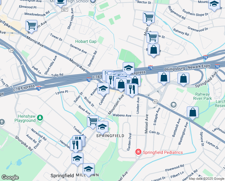 map of restaurants, bars, coffee shops, grocery stores, and more near 276 Morris Avenue in Springfield Township