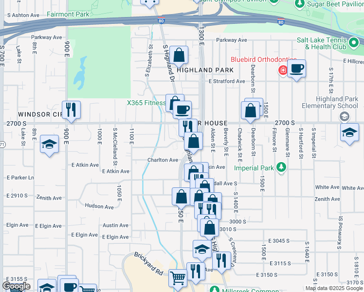 map of restaurants, bars, coffee shops, grocery stores, and more near 2760 South Highland Drive in Salt Lake City