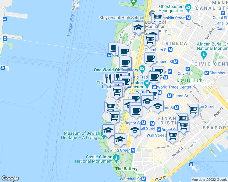 map of restaurants, bars, coffee shops, grocery stores, and more near 375 South End Avenue in New York