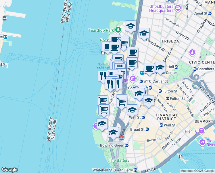 map of restaurants, bars, coffee shops, grocery stores, and more near 375 South End Avenue in New York