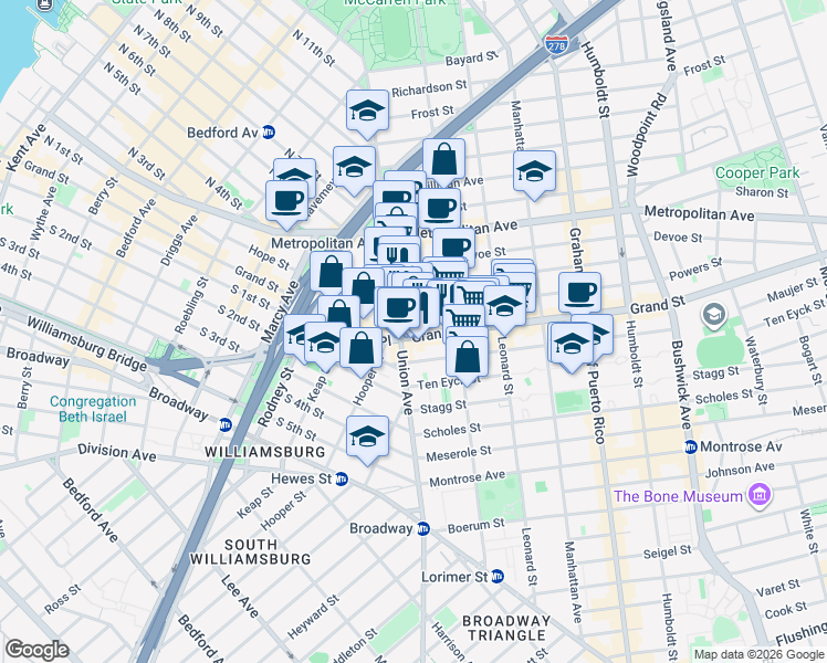 map of restaurants, bars, coffee shops, grocery stores, and more near 30 Powers Street in Brooklyn