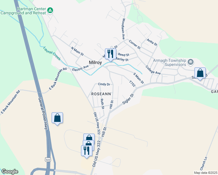 map of restaurants, bars, coffee shops, grocery stores, and more near 103 Hill Street in Milroy