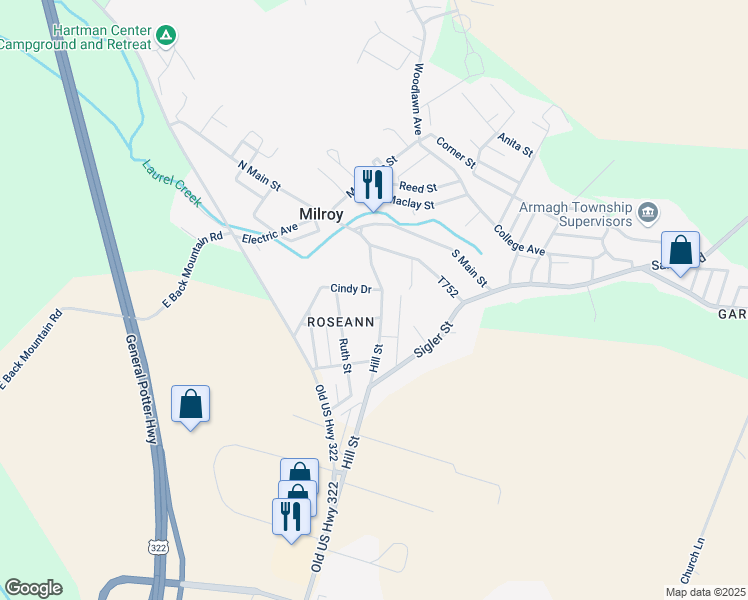 map of restaurants, bars, coffee shops, grocery stores, and more near 103 Hill Street in Milroy