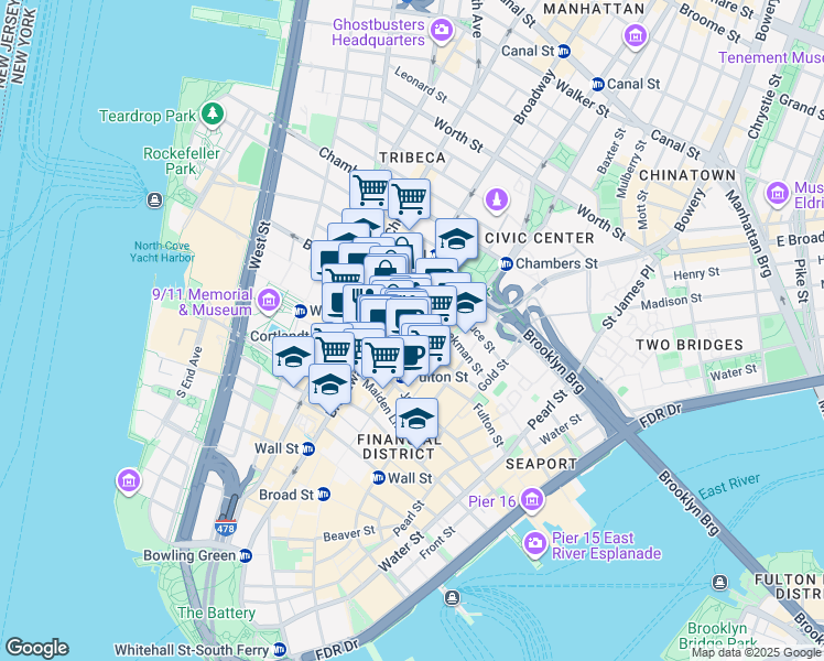 map of restaurants, bars, coffee shops, grocery stores, and more near 225 Broadway in New York