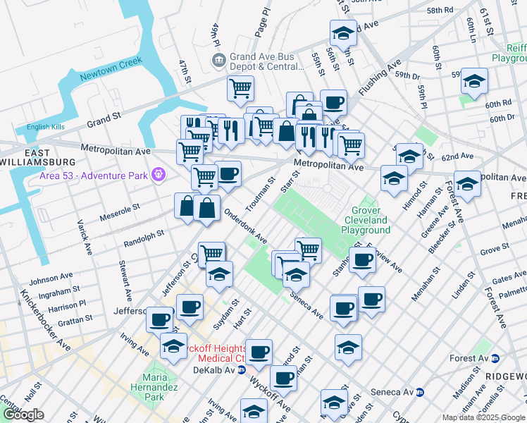 map of restaurants, bars, coffee shops, grocery stores, and more near 715 Woodward Avenue in Queens