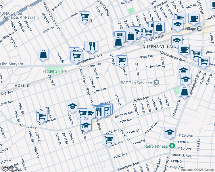 map of restaurants, bars, coffee shops, grocery stores, and more near 100-63 210th Street in Queens