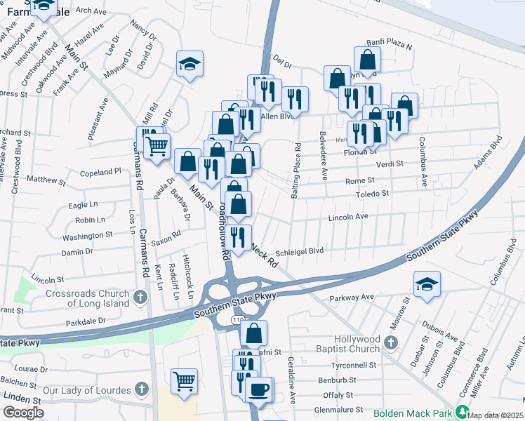 map of restaurants, bars, coffee shops, grocery stores, and more near 1 Morgan Lane in Farmingdale