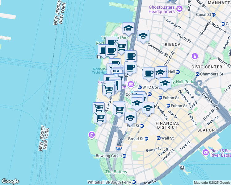 map of restaurants, bars, coffee shops, grocery stores, and more near 200 Liberty Street in New York