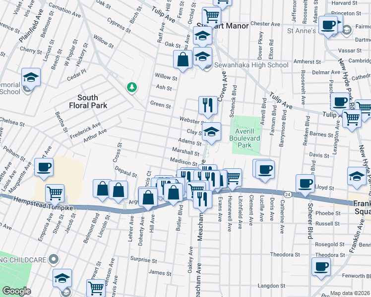 map of restaurants, bars, coffee shops, grocery stores, and more near 1413 Adams Street in Elmont