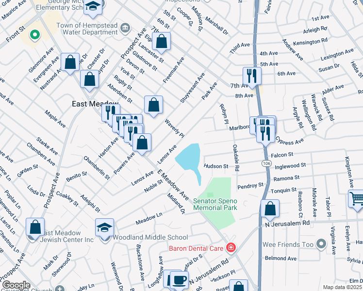 map of restaurants, bars, coffee shops, grocery stores, and more near 1864 Lenox Avenue in East Meadow